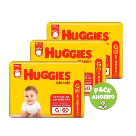 Pack 3 Huggies Classic G x 60 (180 pañales)