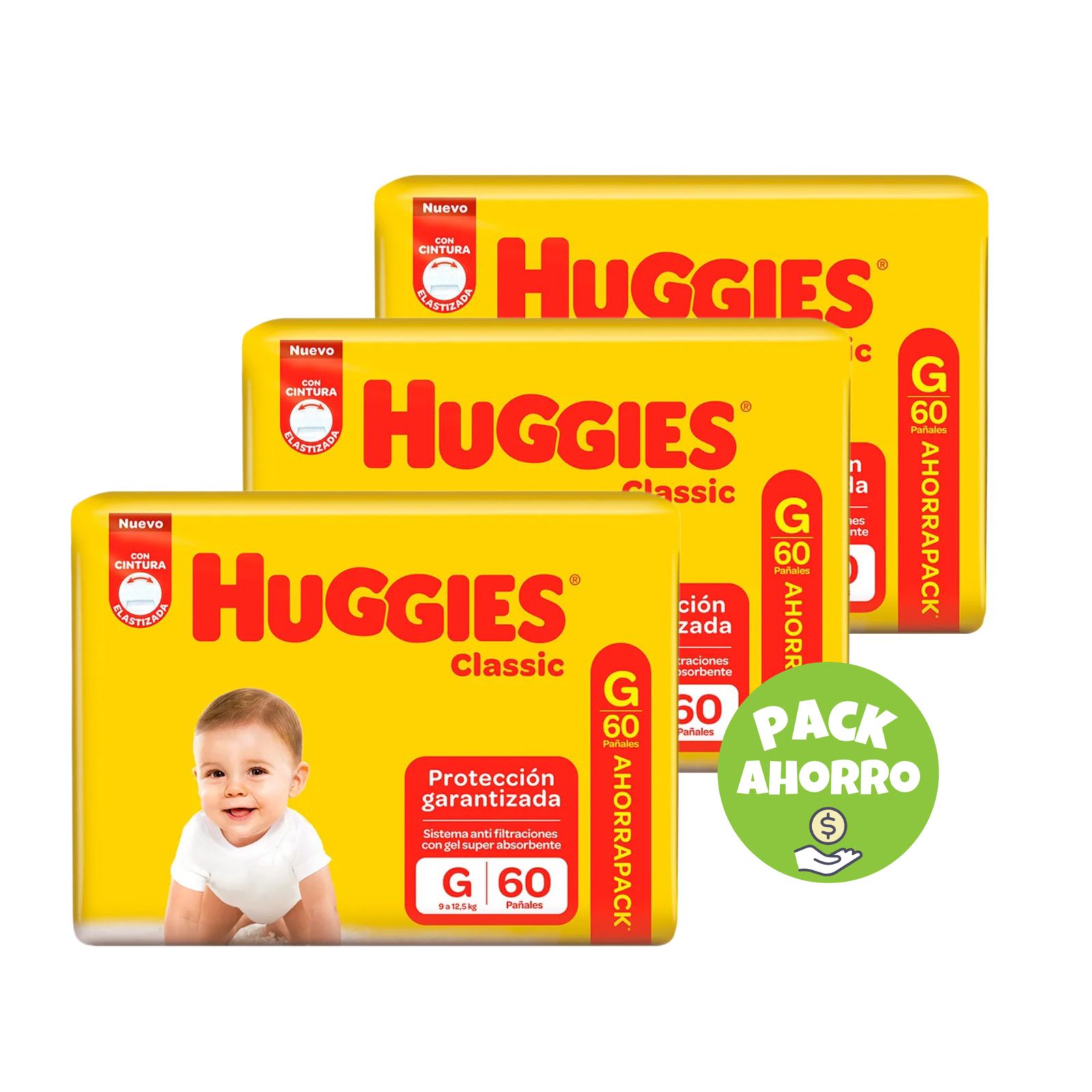 Pack 3 Huggies Classic G x 60 (180 pañales)