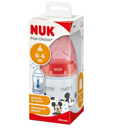 Mamadera Nuk First Choice+ con Control de Temperatura Disney 0-6m 150ml - Mickey Mouse Rojo