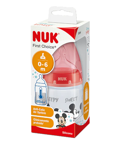 Mamadera Nuk First Choice+ con Control de Temperatura Disney 0-6m 150ml – Mickey Mouse Rojo