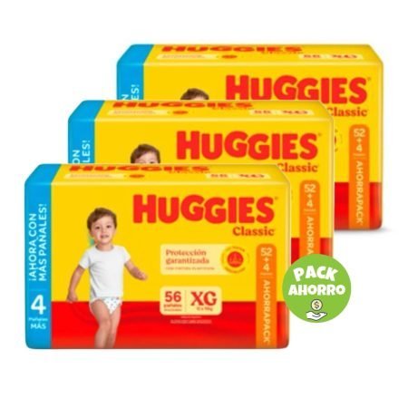 Pack 3 Huggies Classic XG x 56 (168 pañales)