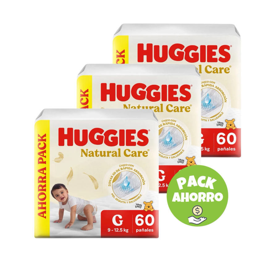 Pack 3 Huggies Natural Care G x 60 (180 pañales)