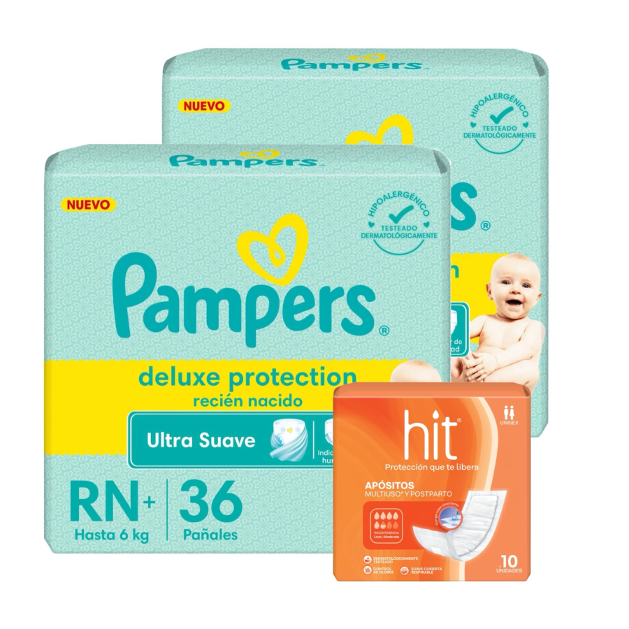 Pack 2 Pampers Deluxe Protection RN+ x 36 u. (72 pañales) + Apósitos Hit x 10 u. DE REGALO!
