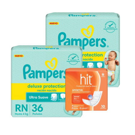 Pack 2 Pampers Deluxe Protection RN x 36 u. (72 pañales)+ Apósitos Hit x 10 u. DE REGALO!