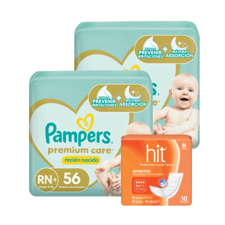 Pack 2 Pampers Premium Care RN+ x 56 u. (112 pañales) + Apósitos Hit x 10 u. DE REGALO!